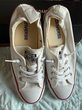 Converse Shoreline Slip-on White Canvas Sneakers with Red Trim, worn twice